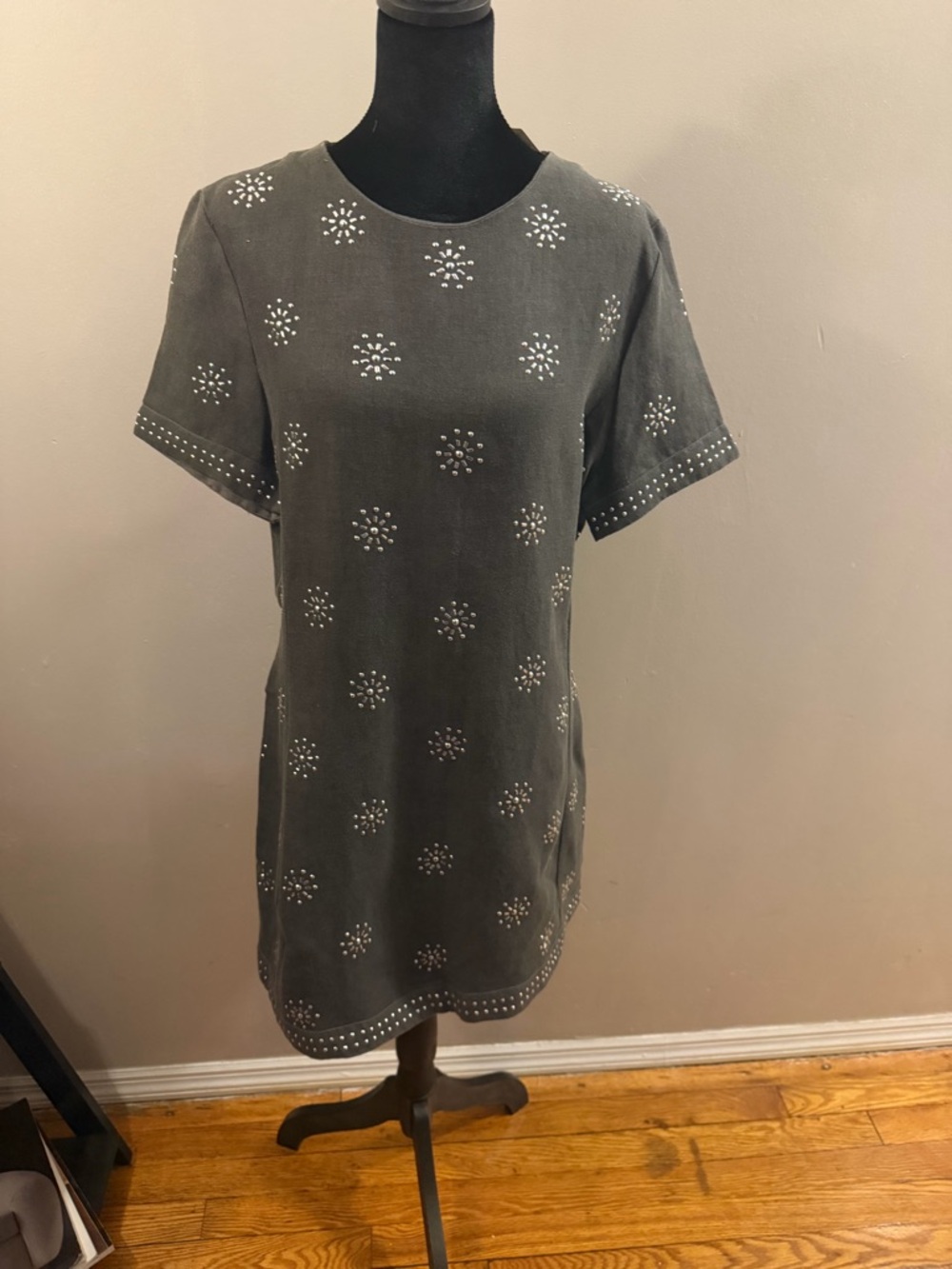 Zara Charcoal Gray Mini Dress with Studded Floral Motifs